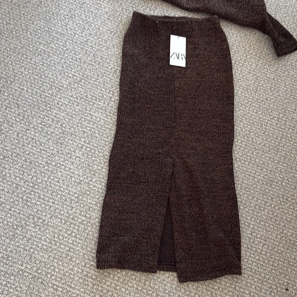 New Zara Brown Black Tweed Mock Neck Top Skirt Set S - Picture 8 of 12